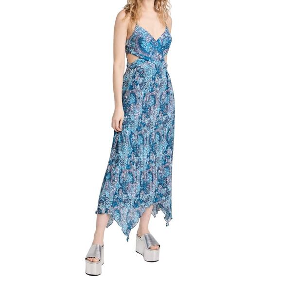 Ramy Brook Blue Paisley Moor Pleated Cutout Maxi Dress Size 10